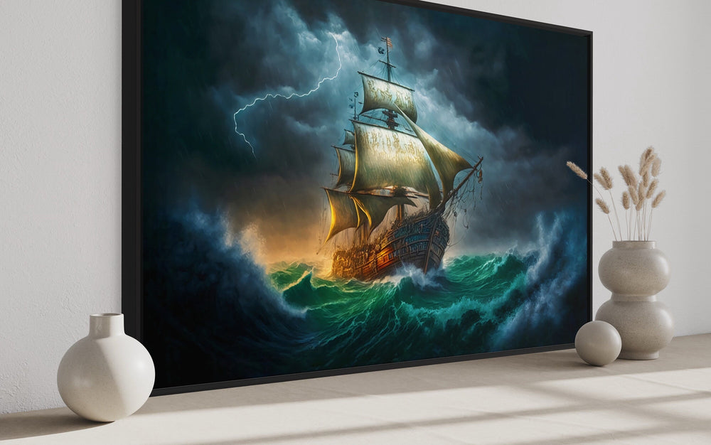 Pirate Ship In Storm Renaissance Style Nautical Framed Canvas Wall Art