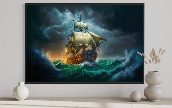 Pirate Ship In Storm Renaissance Style Nautical Framed Canvas Wall Art