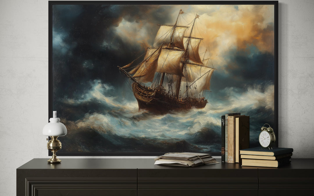 Pirate Ship In Storm Renaissance Style Nautical Framed Canvas Wall Art