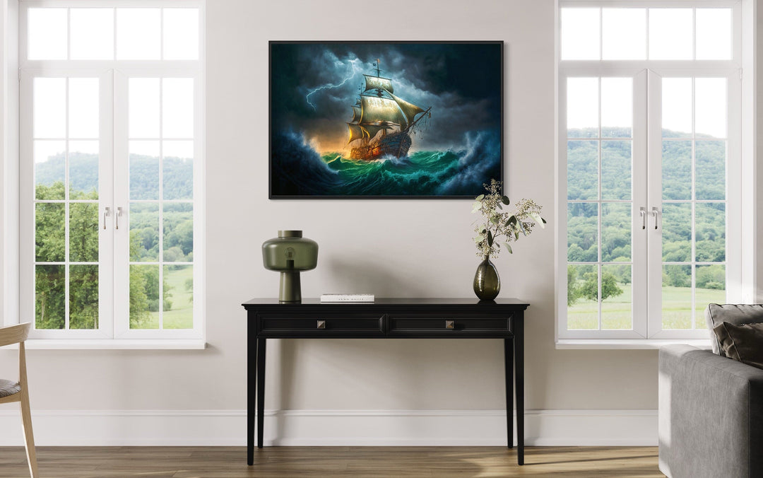 Pirate Ship In Storm Renaissance Style Nautical Framed Canvas Wall Art