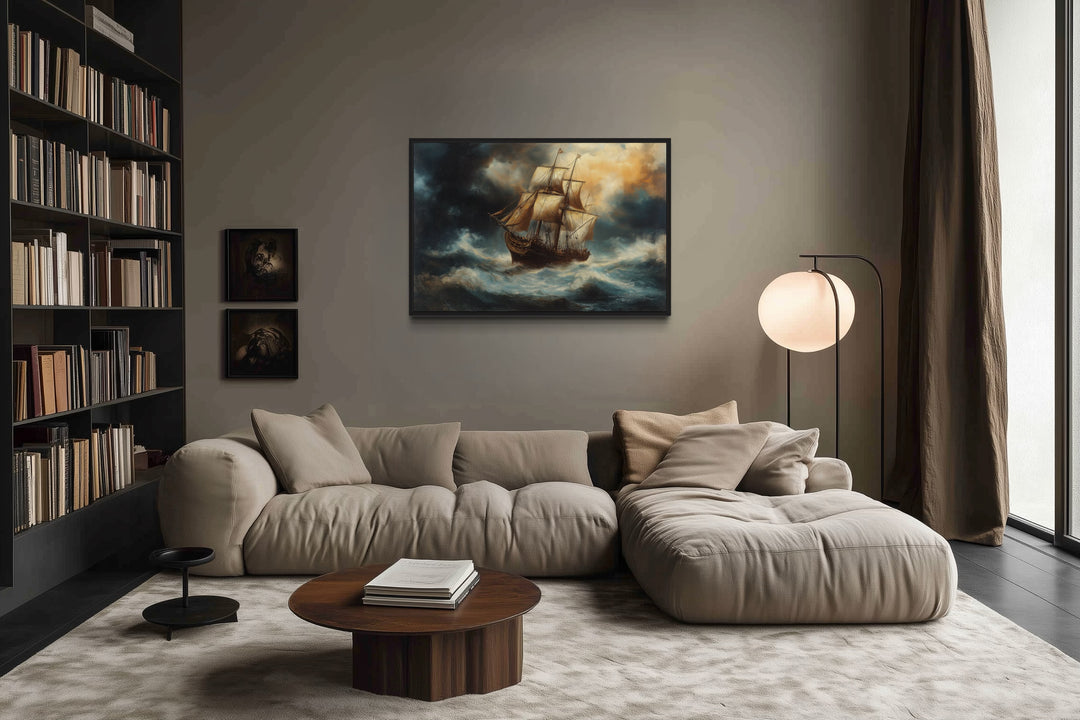 Pirate Ship In Storm Renaissance Style Nautical Framed Canvas Wall Art