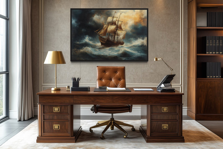 Pirate Ship In Storm Renaissance Style Nautical Framed Canvas Wall Art