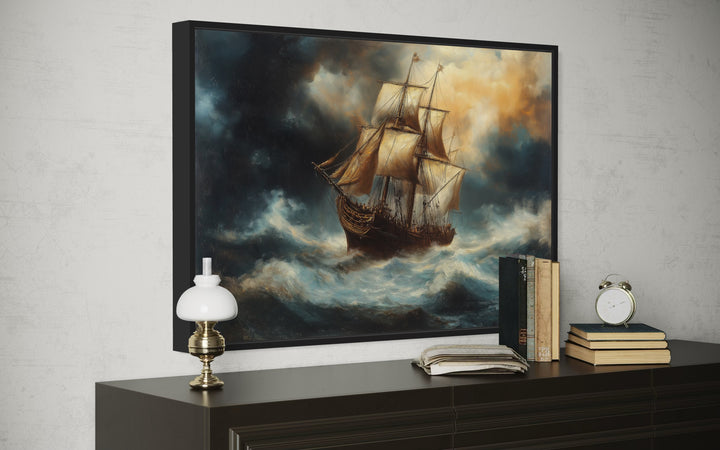 Pirate Ship In Storm Renaissance Style Nautical Framed Canvas Wall Art