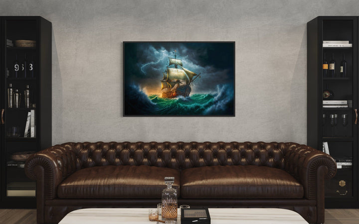 Pirate Ship In Storm Renaissance Style Nautical Framed Canvas Wall Art