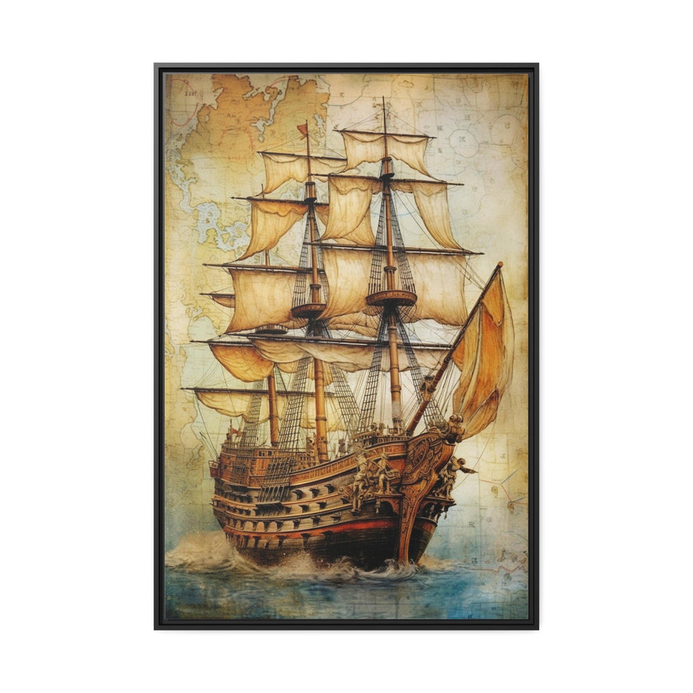 Pirate Ship On Antique Treasure Map Nautical Framed Canvas Wall Art