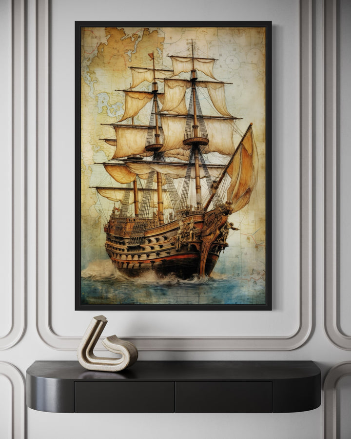 Framed canvas wall art of a pirate ship sailing over an antique treasure map background.
