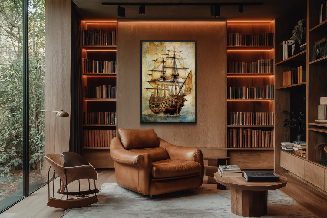 Pirate ship on antique treasure map nautical framed canvas wall art in a modern library setting.