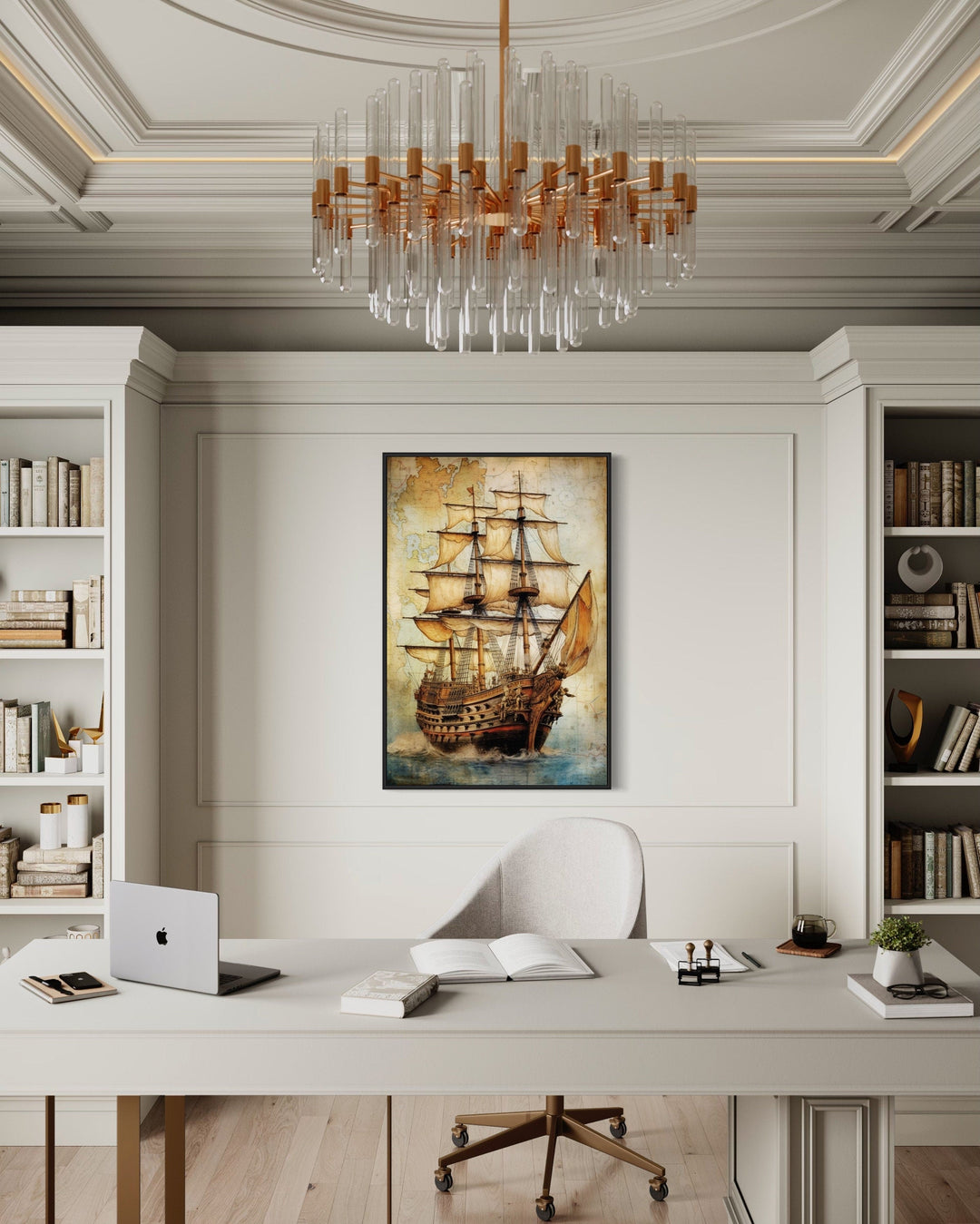 Pirate ship on antique treasure map nautical framed canvas wall art in a modern home office.