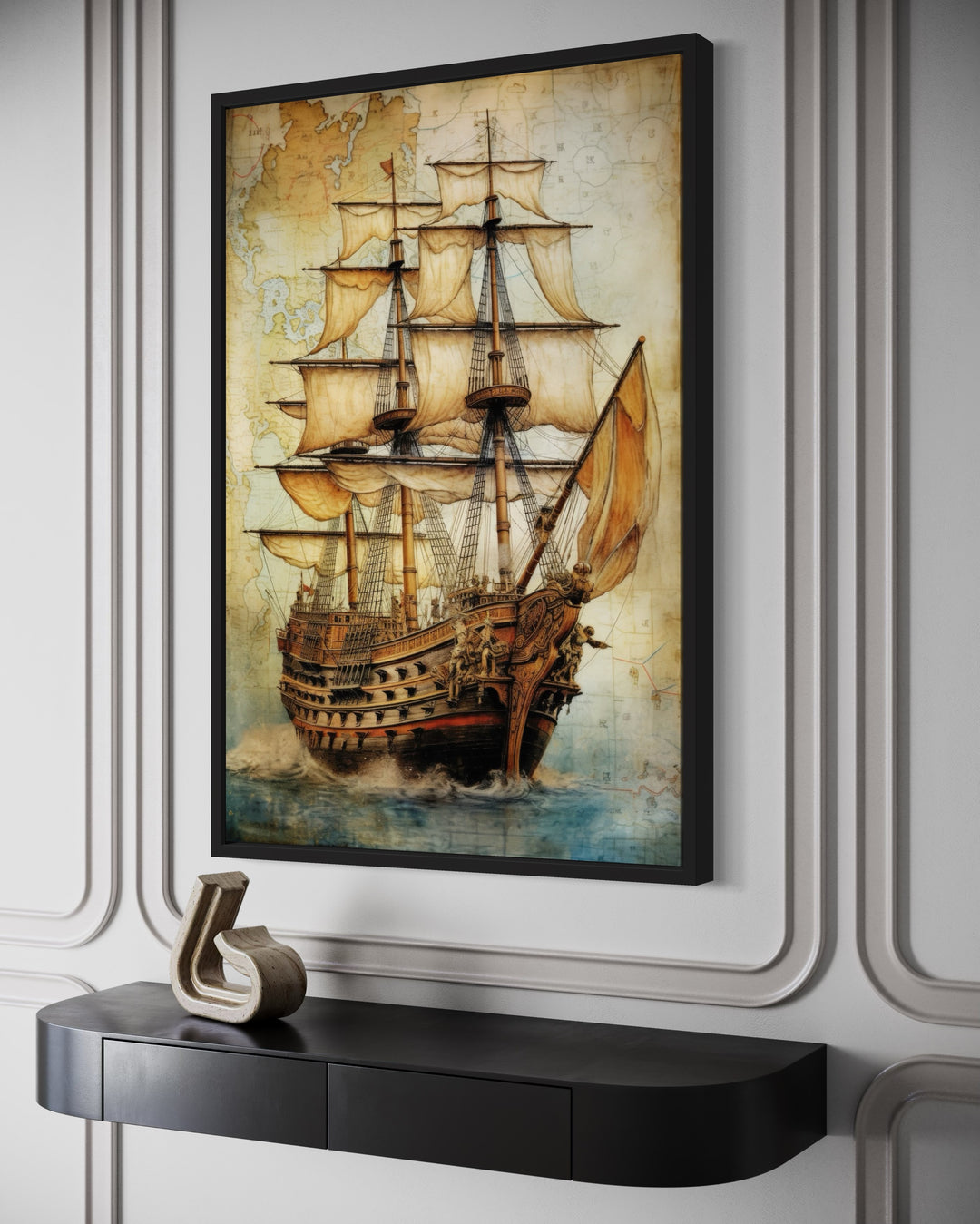 Framed canvas art of a pirate ship sailing over an antique treasure map on a paneled wall.