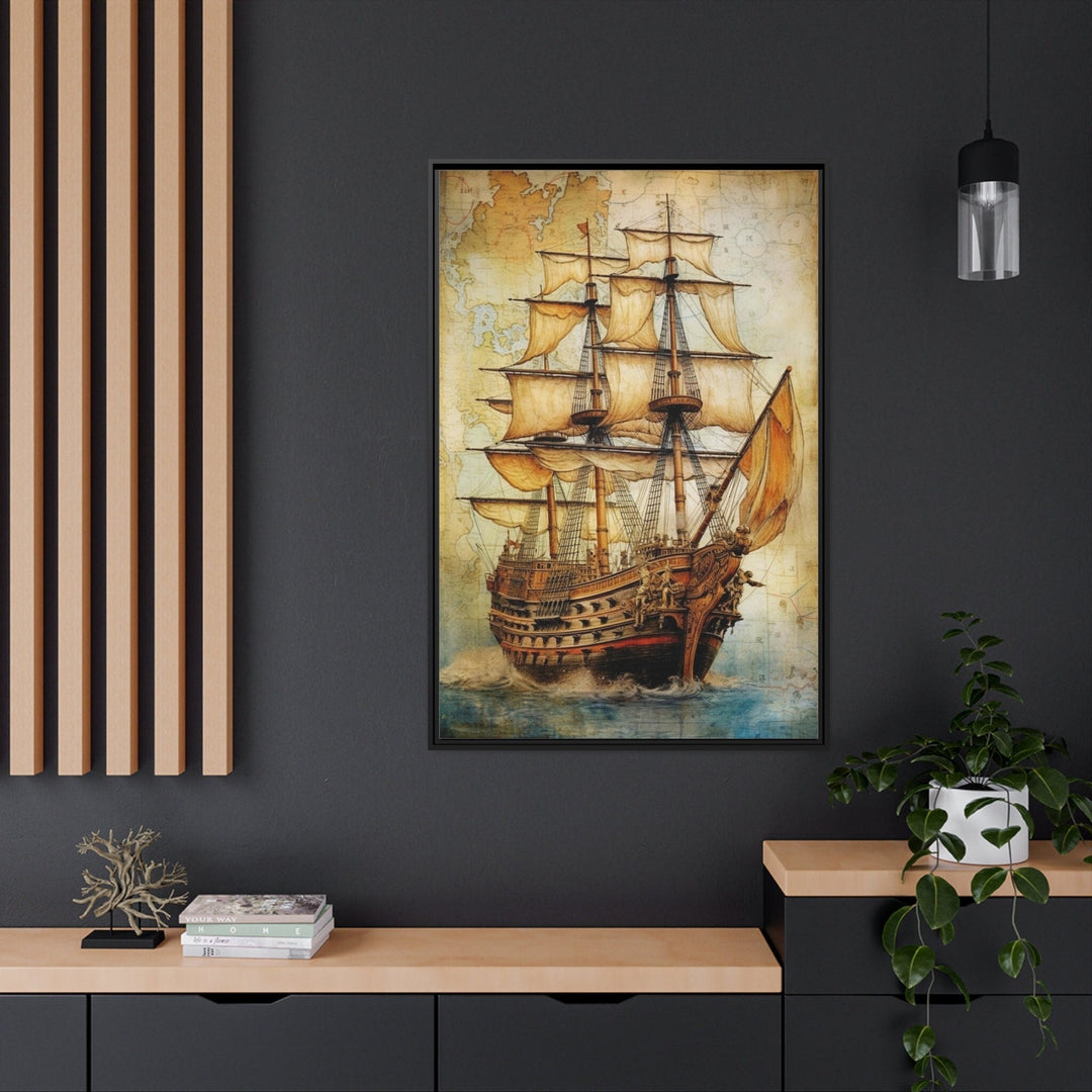 Pirate Ship On Antique Treasure Map Nautical Framed Canvas Wall Art