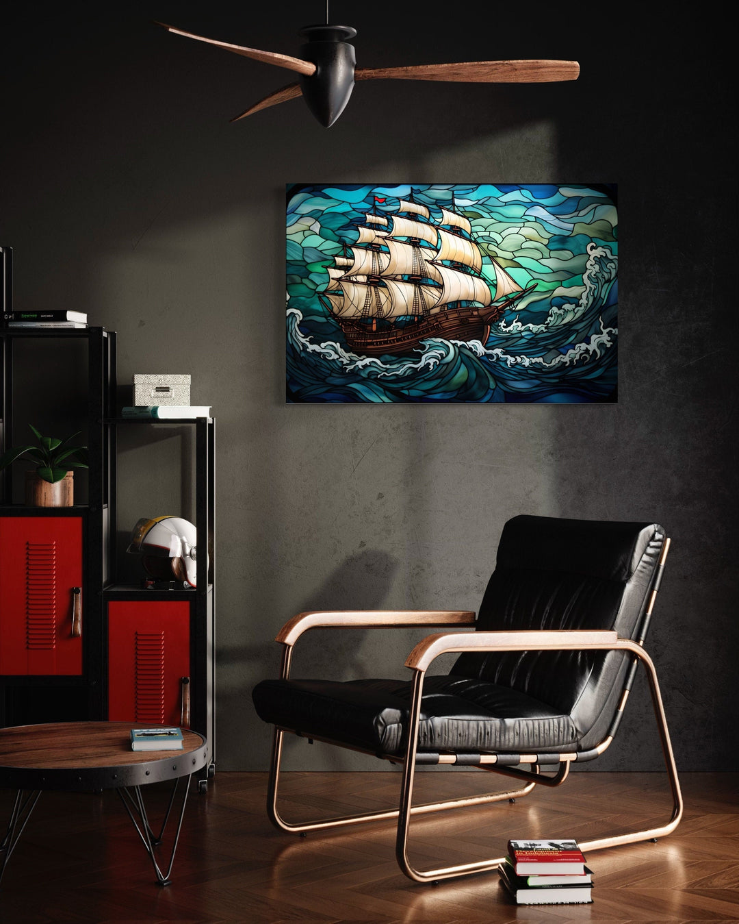 Framed canvas art of a pirate ship in a stained glass style.