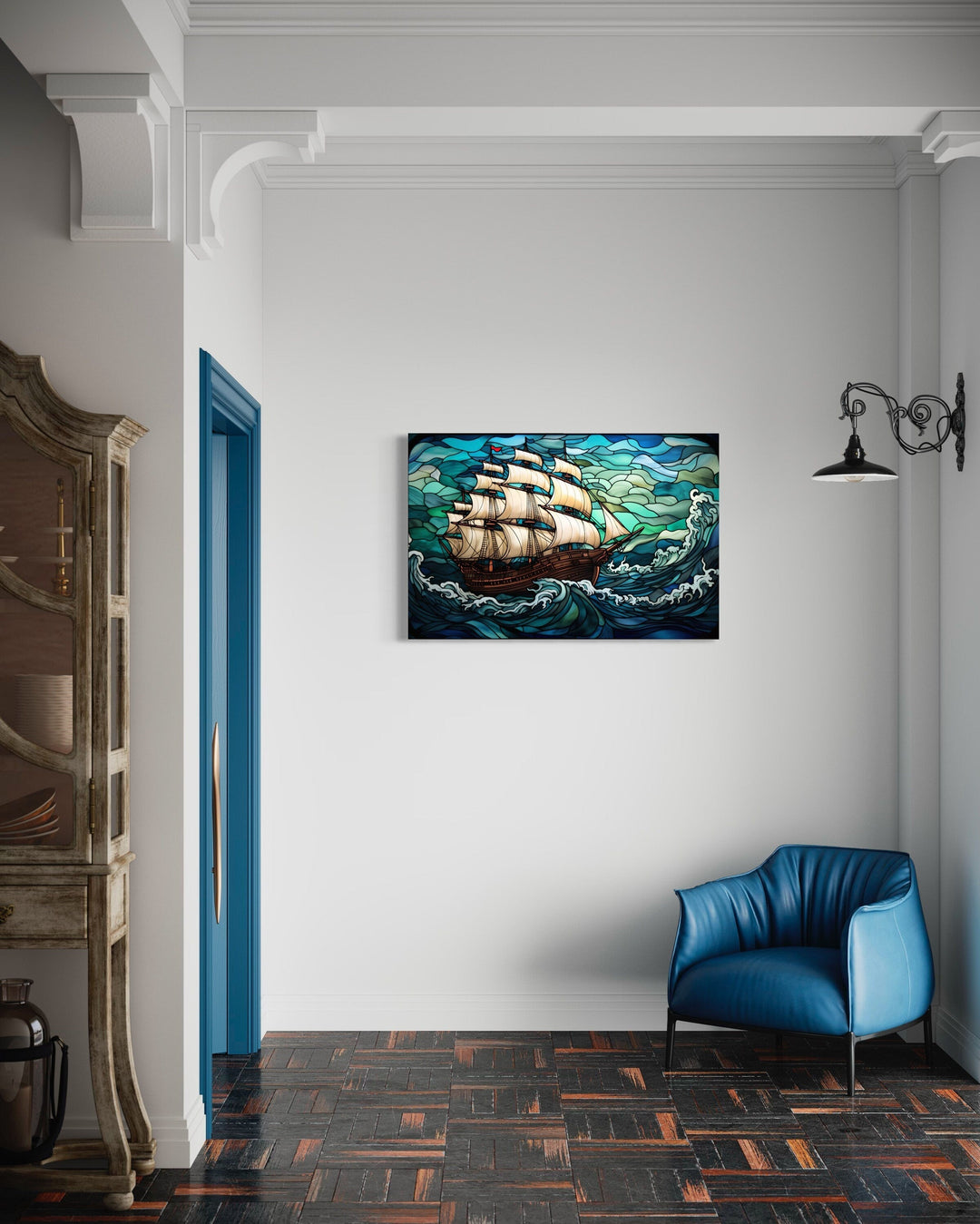 Pirate ship stained glass style framed canvas wall art.