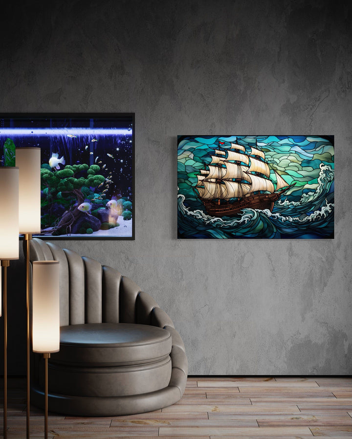 Pirate ship stained glass style framed canvas wall art.