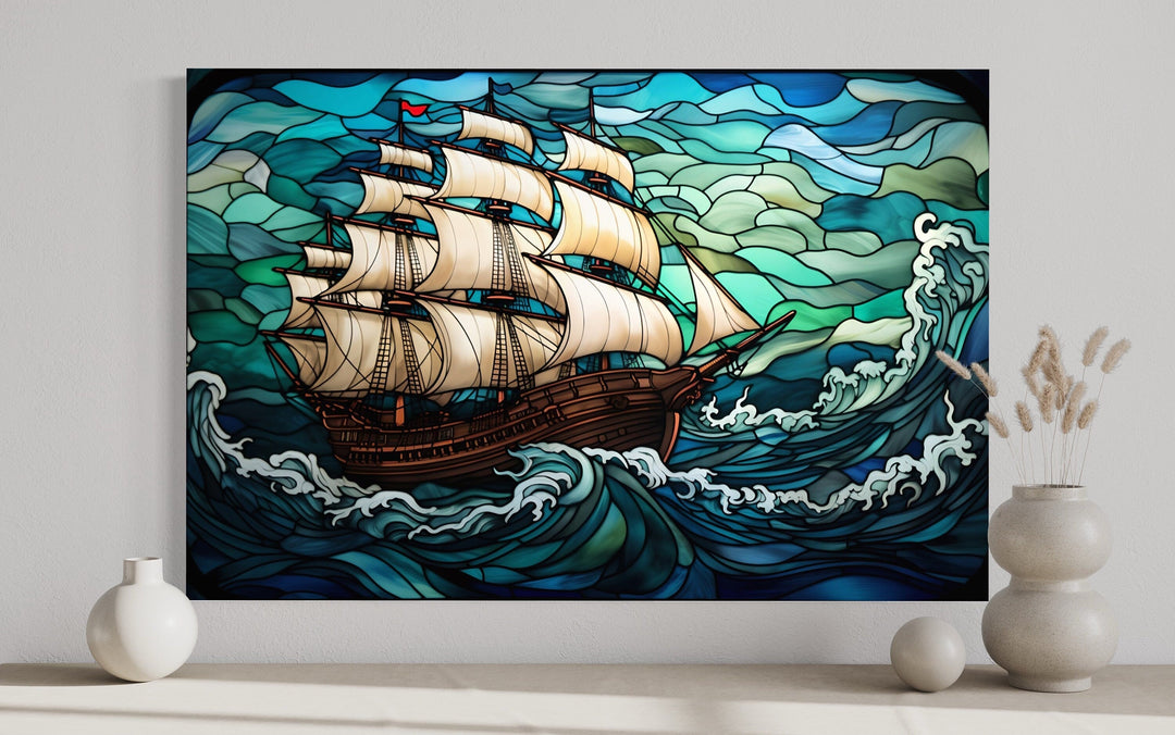 Pirate Ship Stained Glass Style Framed Canvas Wall Art