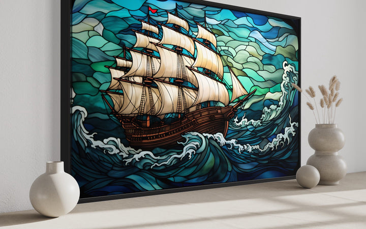 Pirate Ship Stained Glass Style Framed Canvas Wall Art