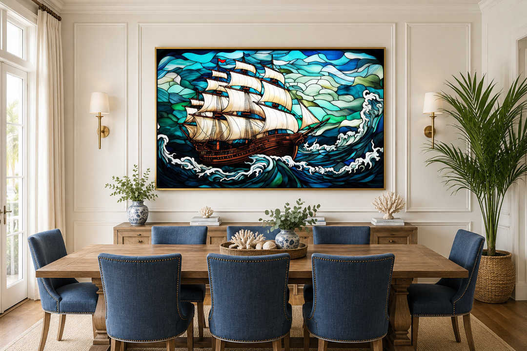 Pirate ship stained glass style framed canvas wall art hanging in a nautical-themed dining room.