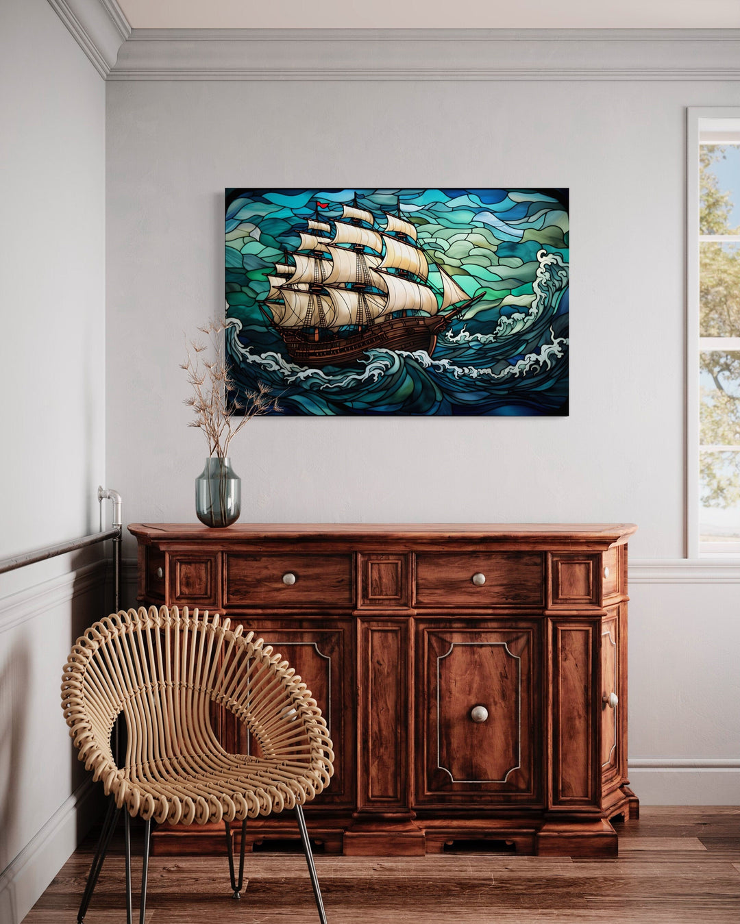 Framed canvas art of a pirate ship in a stained glass style on a stormy sea.