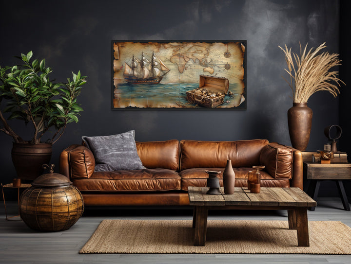 Pirate Ship Wall Art – Nautical Framed Canvas With Vintage Map & Treasure Chest