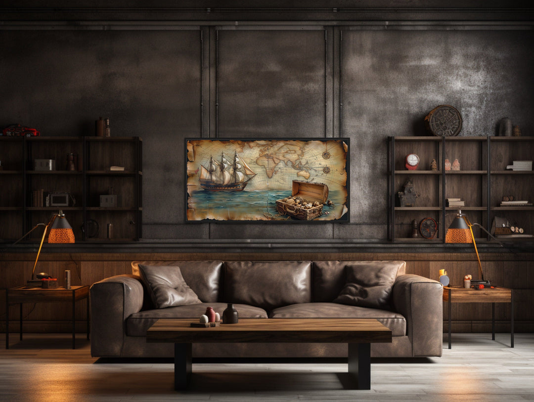 Pirate Ship Wall Art – Nautical Framed Canvas With Vintage Map & Treasure Chest