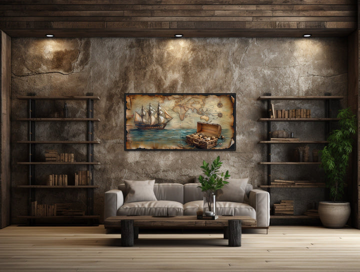 Pirate Ship Wall Art – Nautical Framed Canvas With Vintage Map & Treasure Chest