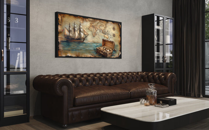 Pirate Ship Wall Art – Nautical Framed Canvas With Vintage Map & Treasure Chest