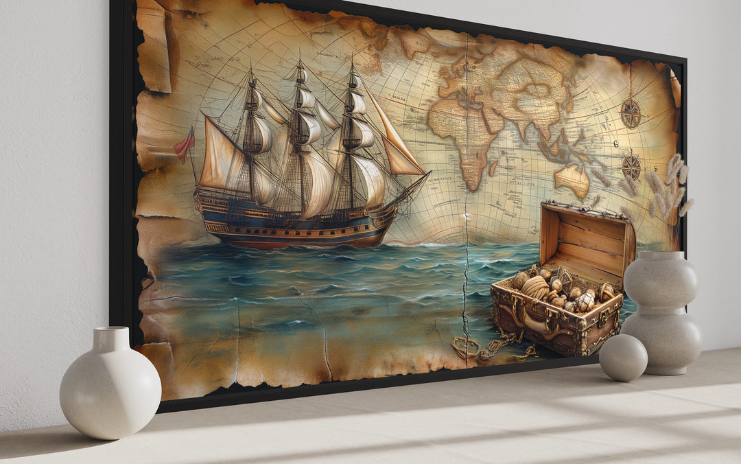 Pirate Ship Wall Art – Nautical Framed Canvas With Vintage Map & Treasure Chest