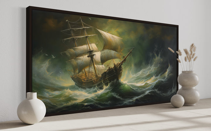 Pirate Ship in Ocean Storm Nautical Framed Canvas Wall Art