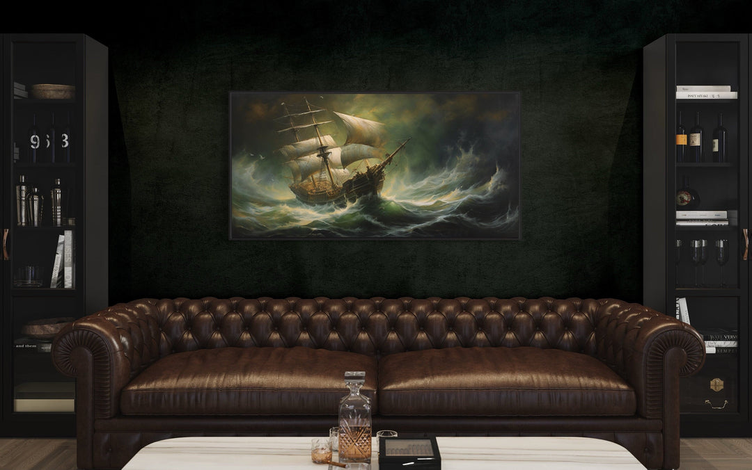 Pirate Ship in Ocean Storm Nautical Framed Canvas Wall Art