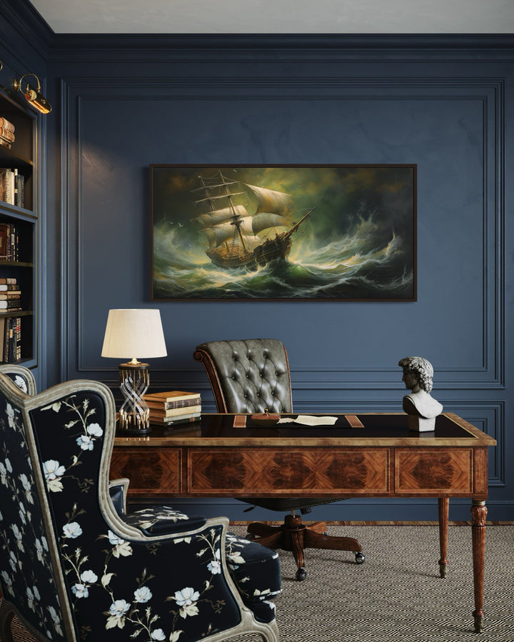 Pirate Ship in Ocean Storm Nautical Framed Canvas Wall Art