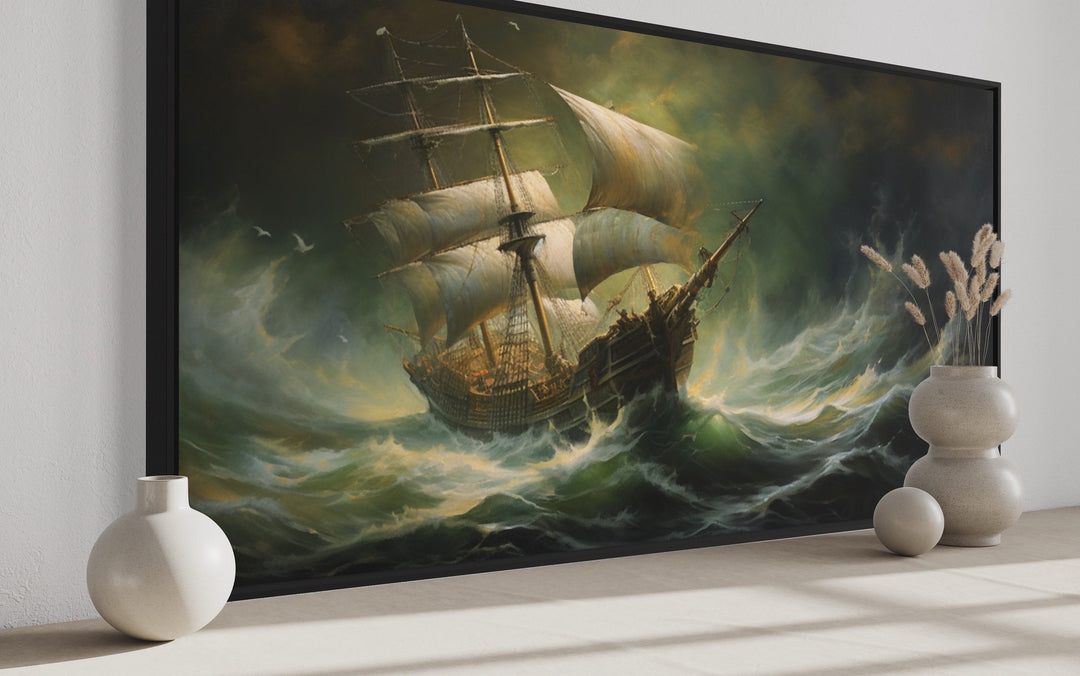 Pirate Ship in Ocean Storm Nautical Framed Canvas Wall Art