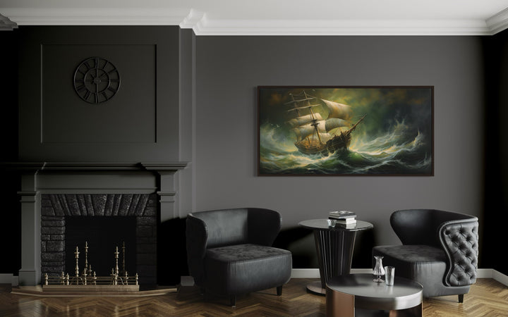 Pirate Ship in Ocean Storm Nautical Framed Canvas Wall Art