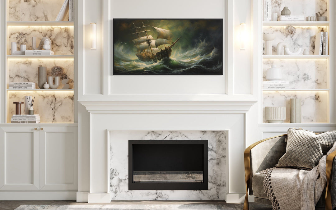 Pirate Ship in Ocean Storm Nautical Framed Canvas Wall Art