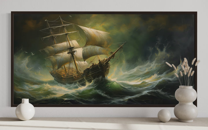 Pirate Ship in Ocean Storm Nautical Framed Canvas Wall Art