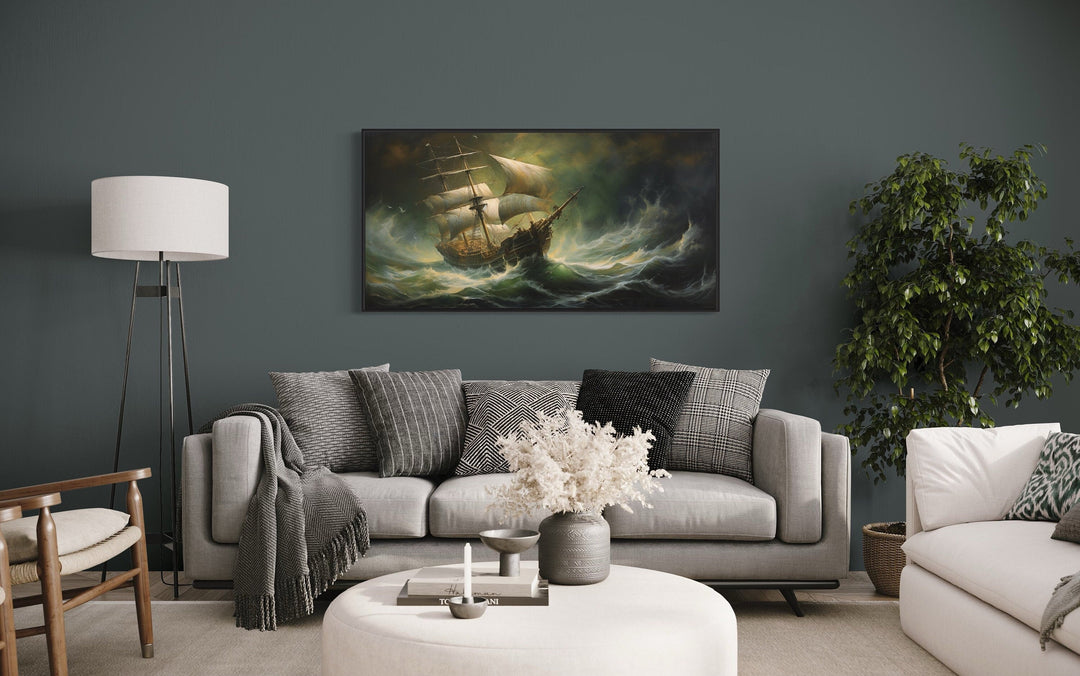 Pirate Ship in Ocean Storm Nautical Framed Canvas Wall Art