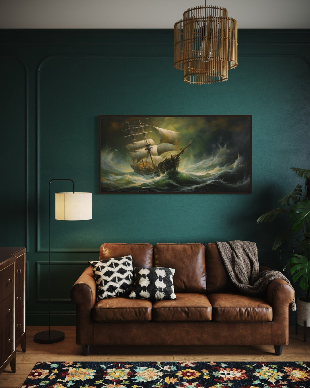 Pirate Ship in Ocean Storm Nautical Framed Canvas Wall Art