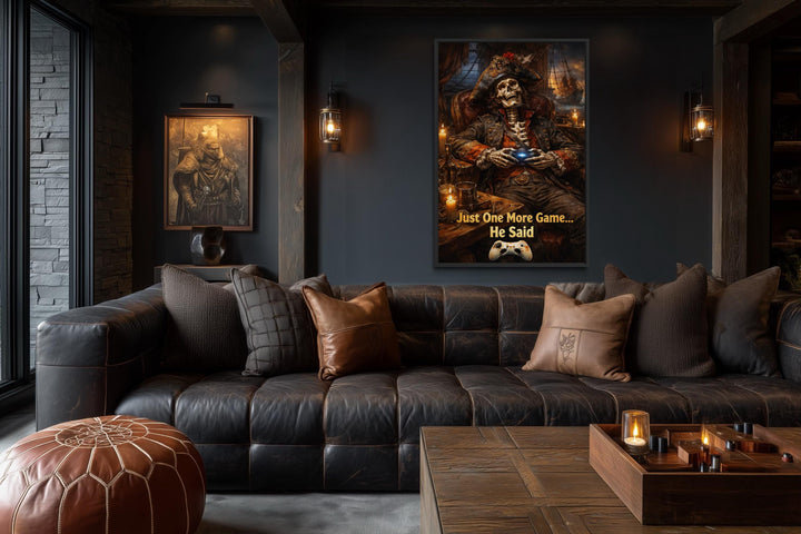 A dark gaming canvas print of a pirate skeleton gamer hangs in a moody, modern living room.