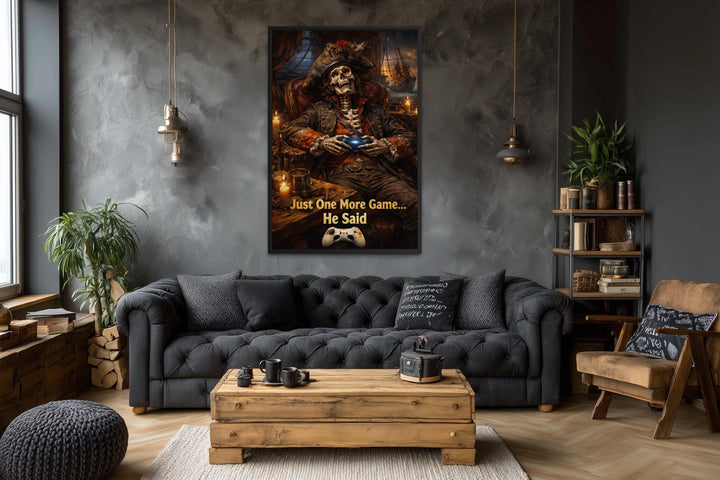 A framed canvas print of a pirate skeleton gaming with the quote Just One More Game, He Said.