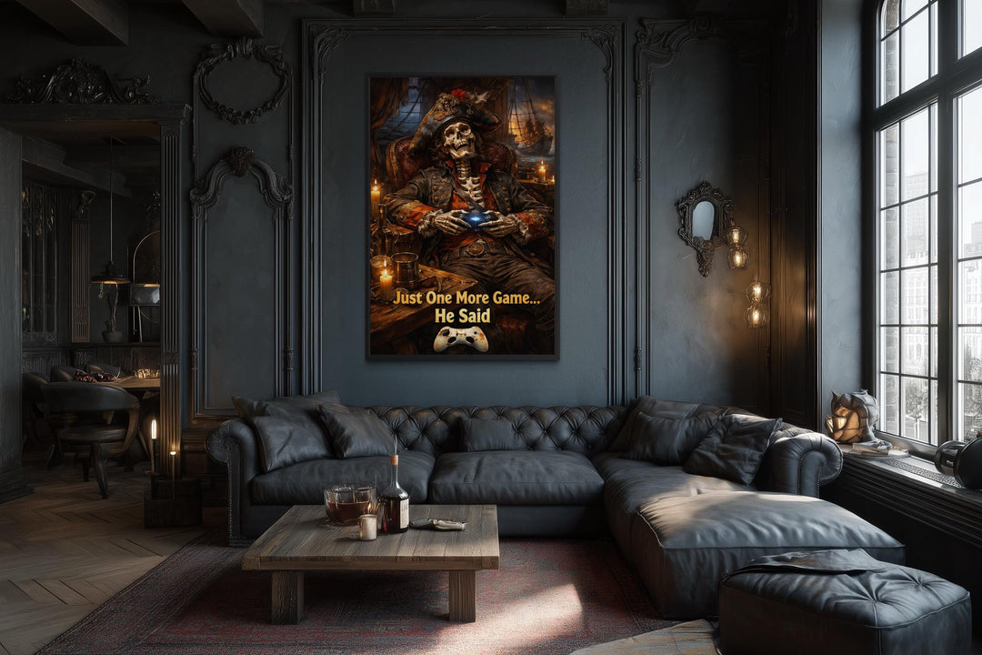 A framed canvas print of a pirate skeleton gamer hangs in a dark, gothic-style living room.