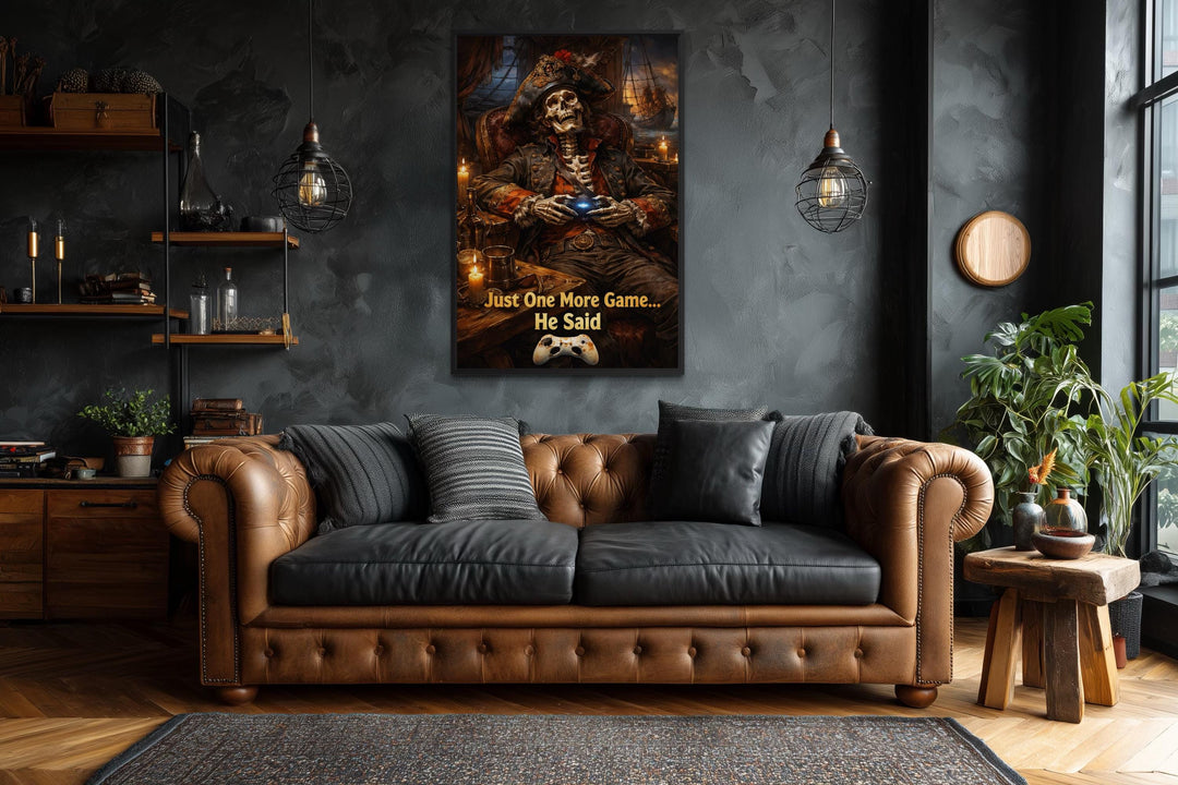 Pirate skeleton wall art featuring a gaming quote on canvas above a brown leather sofa.
