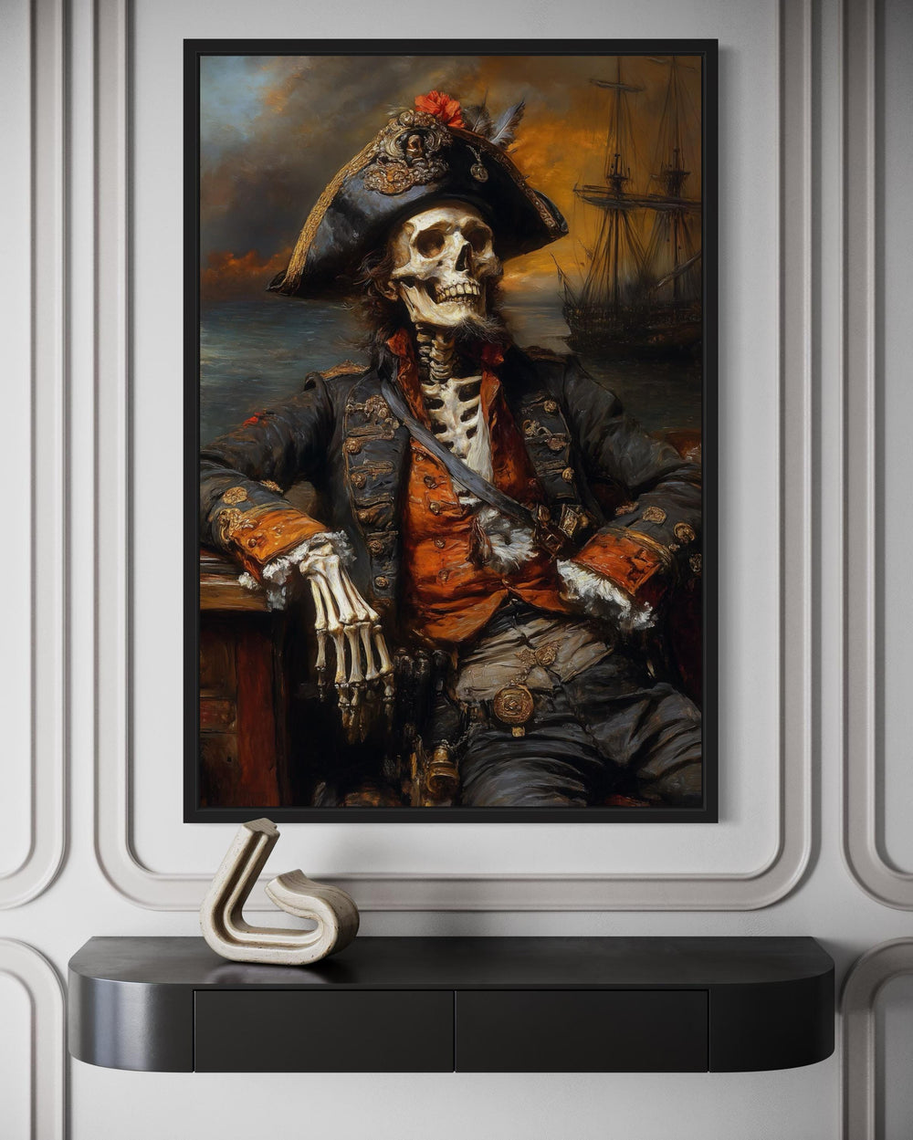 Pirate Skeleton With Ghost Ship And Dark Sea Canvas Wall Art