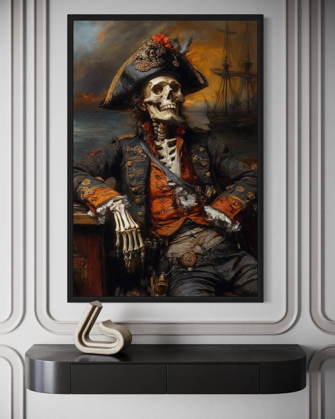 Pirate Skeleton With Ghost Ship And Dark Sea Canvas Wall Art