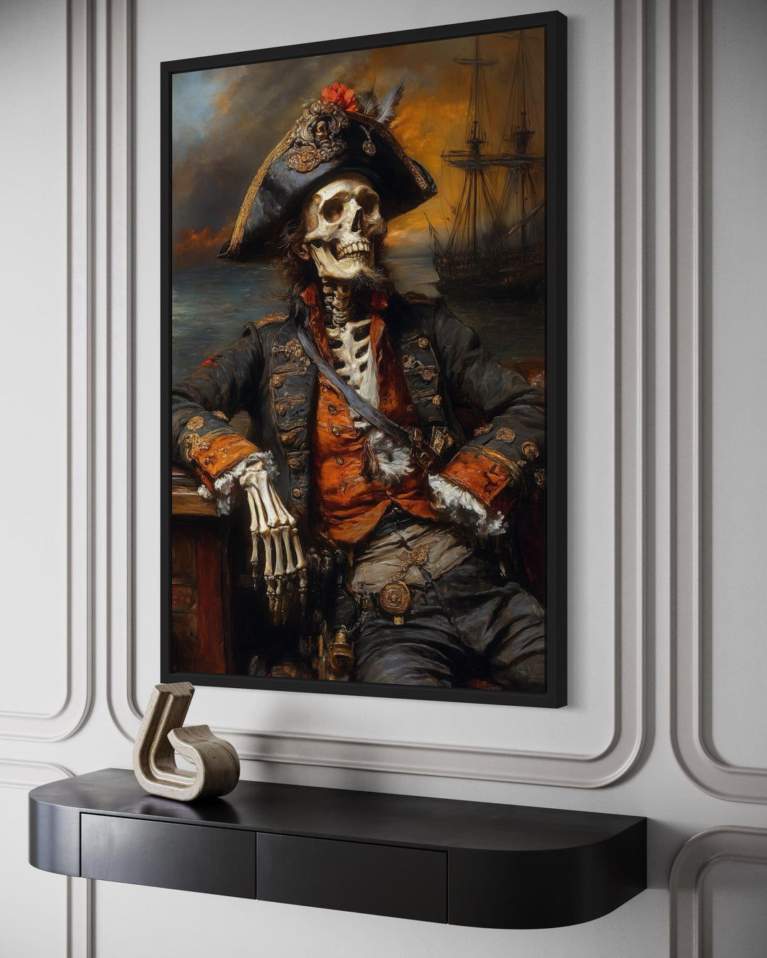 Pirate Skeleton With Ghost Ship And Dark Sea Canvas Wall Art