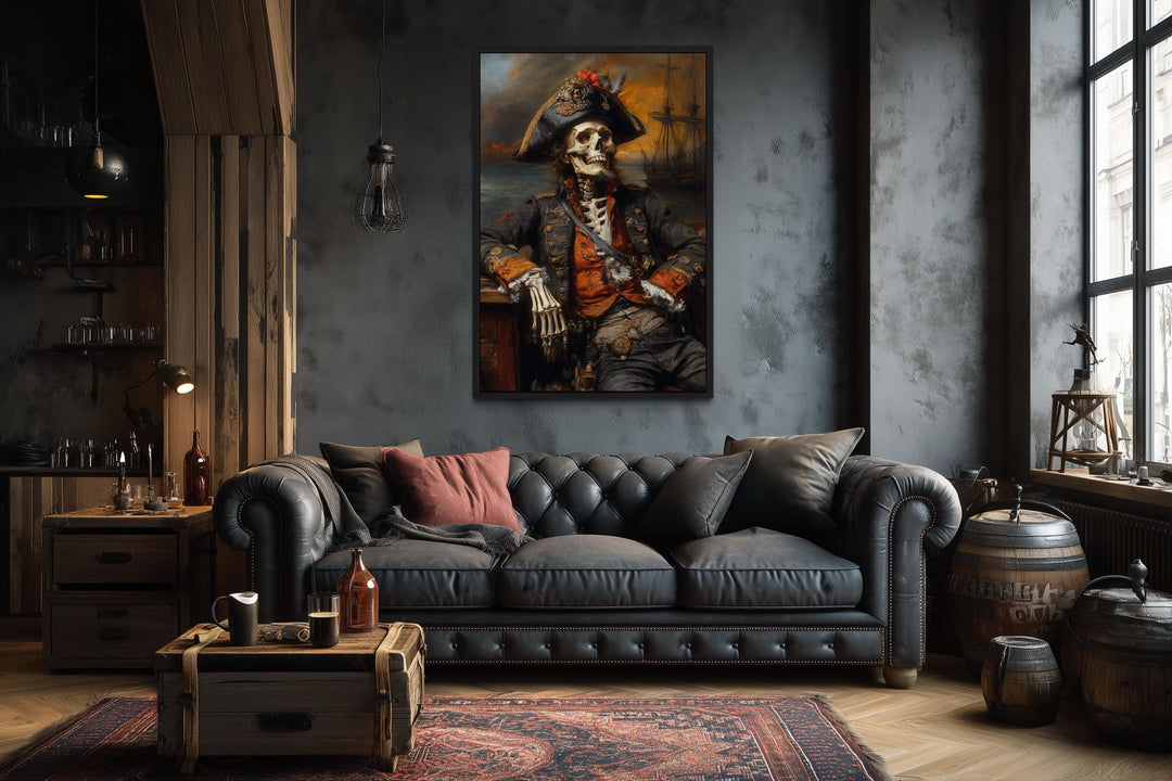 Pirate Skeleton With Ghost Ship And Dark Sea Canvas Wall Art