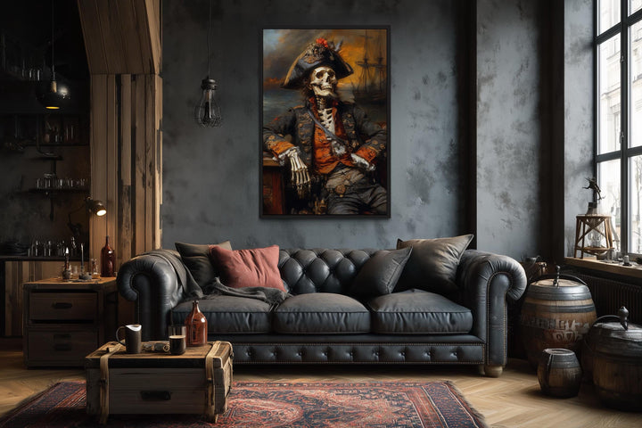 Pirate Skeleton With Ghost Ship And Dark Sea Canvas Wall Art