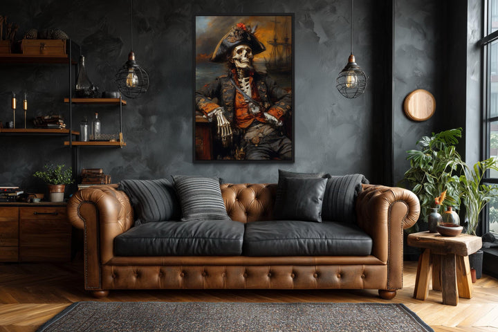 Pirate Skeleton With Ghost Ship And Dark Sea Canvas Wall Art