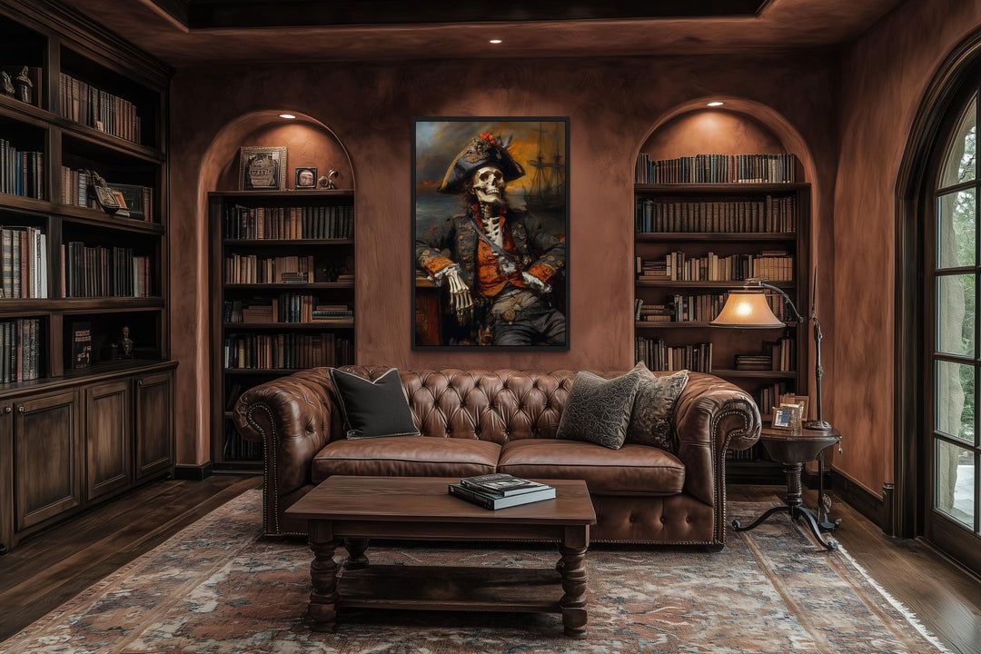 Pirate Skeleton With Ghost Ship And Dark Sea Canvas Wall Art