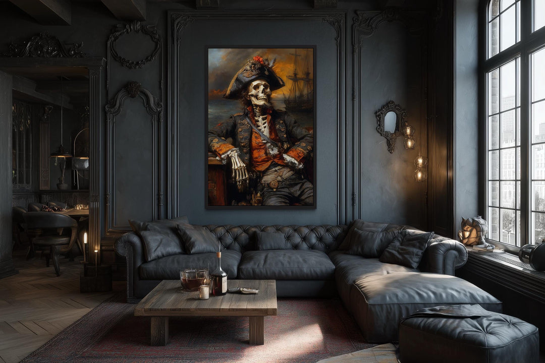 Pirate Skeleton With Ghost Ship And Dark Sea Canvas Wall Art