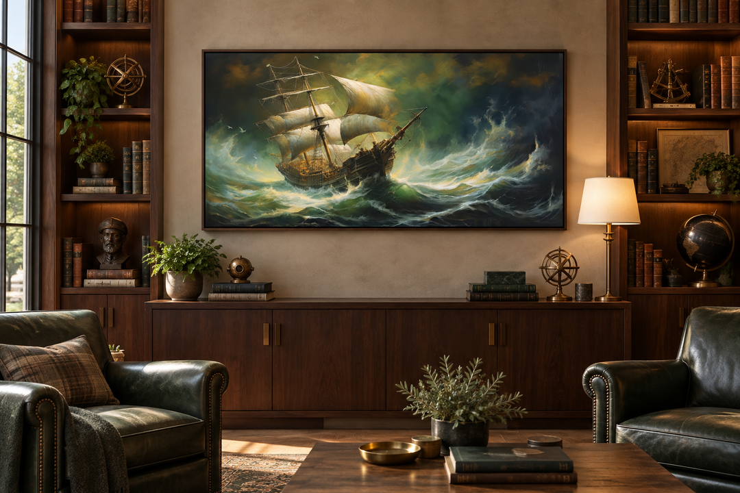 Framed canvas print of a pirate ship in a stormy ocean, hung in a nautical-themed office.