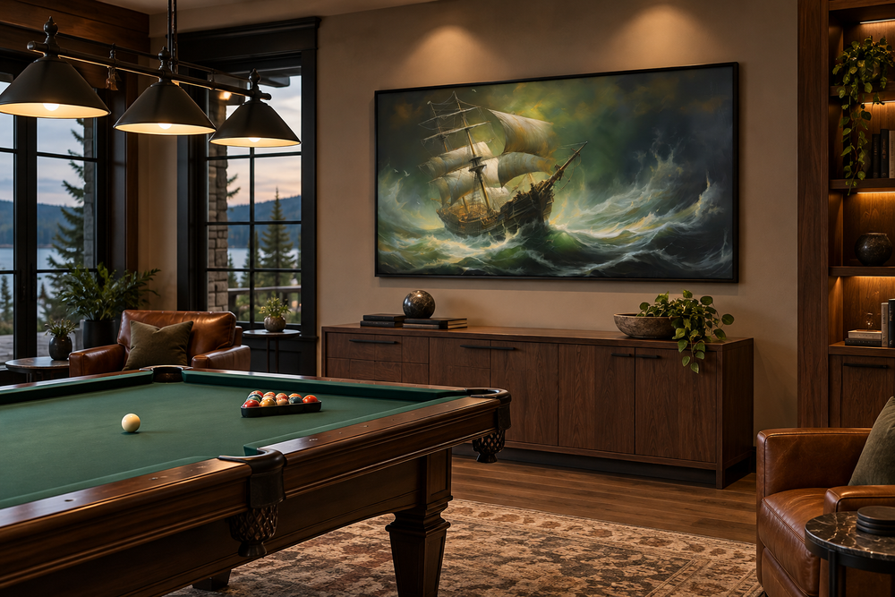 Pirate ship wall art canvas print of a ship in a storm, displayed in a nautical-themed room.