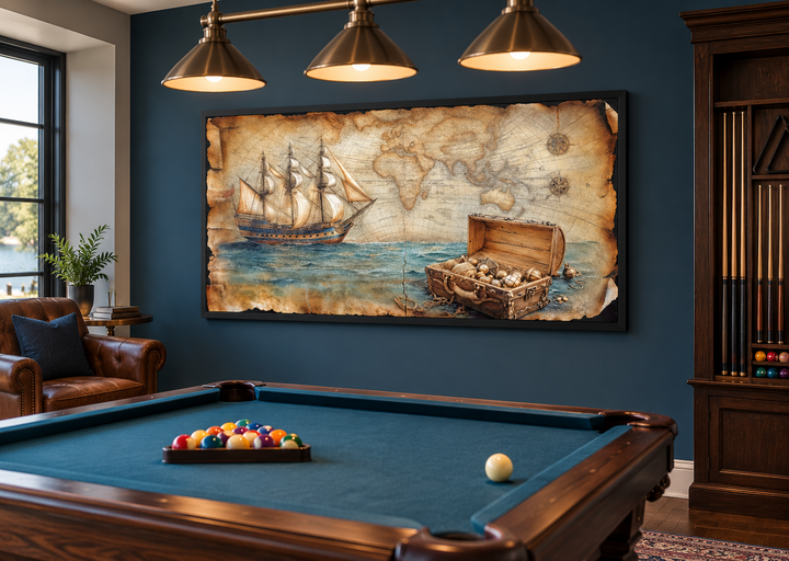 Pirate ship wall art with vintage map and treasure chest in a dark blue billiard room.